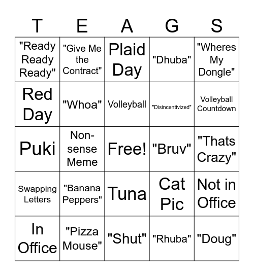 Beagan Tingo Bingo Card