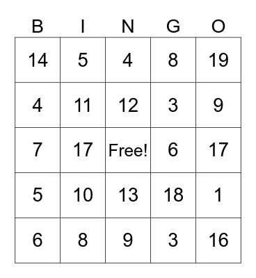 Addition Facts to 20 Bingo Card