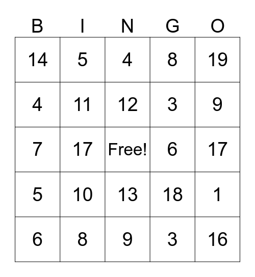 Addition Facts to 20 Bingo Card