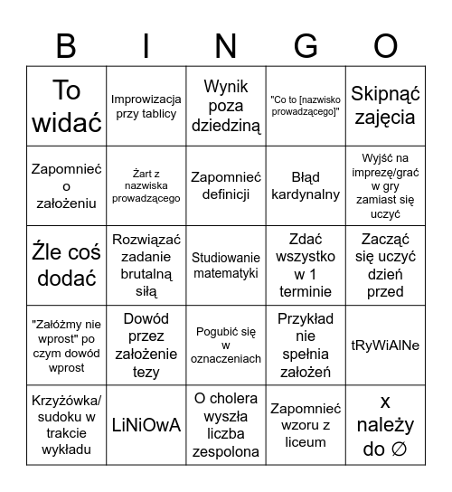 Matematyczne Bingo Card