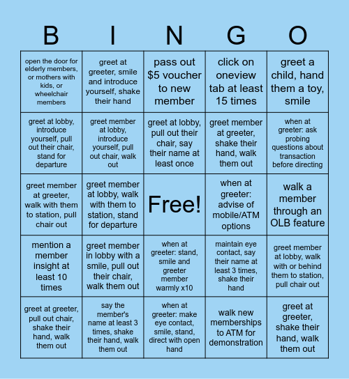 BOD Member Service Standards Bingo Card