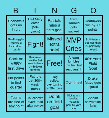 Superbowl Game Bingo! Bingo Card
