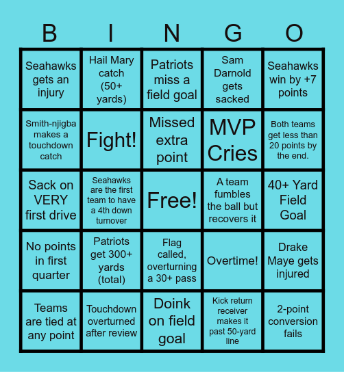 Superbowl Game Bingo! Bingo Card