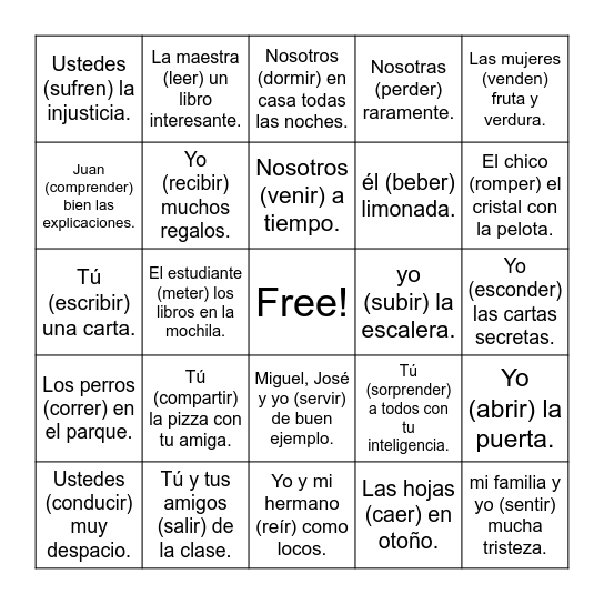 -ER, -IR + conjugation Bingo Card