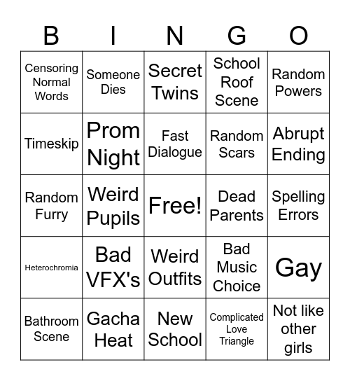 Gacha Cringe Bingo Card