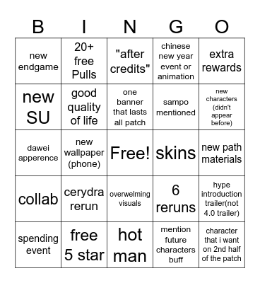 4.0 LIVESTREAM  HSR Bingo Card