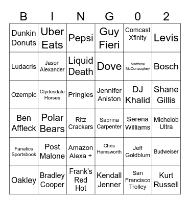 SUPER BOWL COMMERCIAL BINGO Card