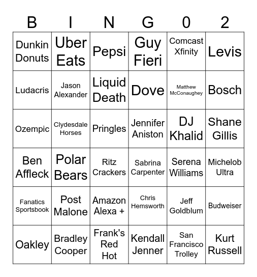 SUPER BOWL COMMERCIAL BINGO Card