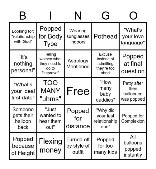 Pop The Balloon Bingo Card