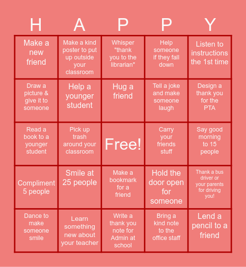 February Kindess Challenge Bingo Card
