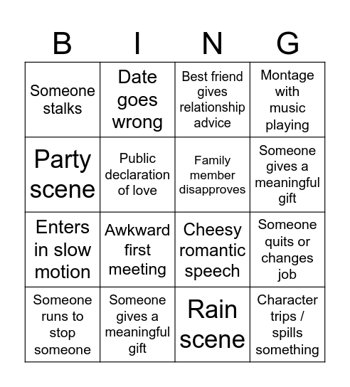 Rom Com Bingo Card