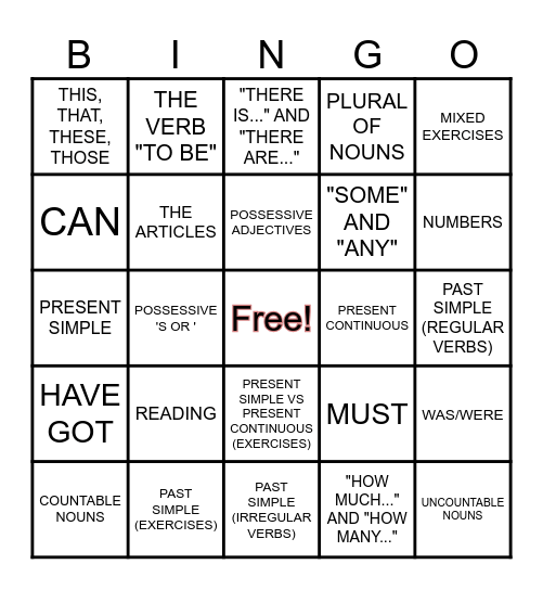 ENGLISH TIME Bingo Card