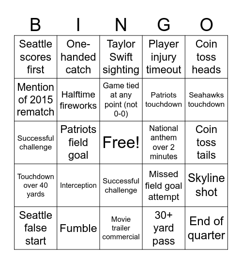 Super Bowl Bingo Card
