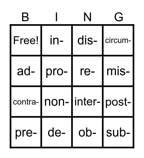 Latin Prefixes and Suffixes Bingo Card