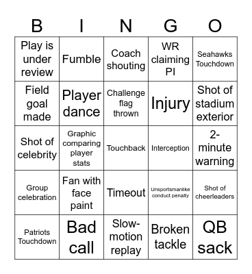 Superbowl LX - Game Bingo Card