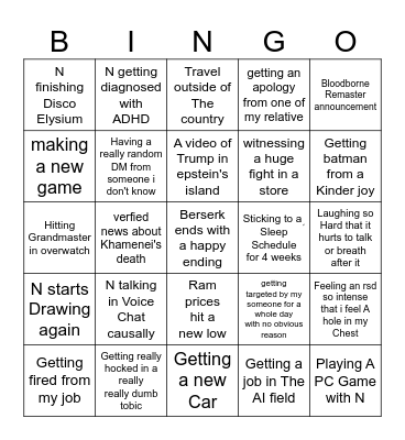 M's 2026 Bingo card Bingo Card