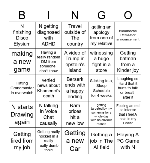 M's 2026 Bingo card Bingo Card