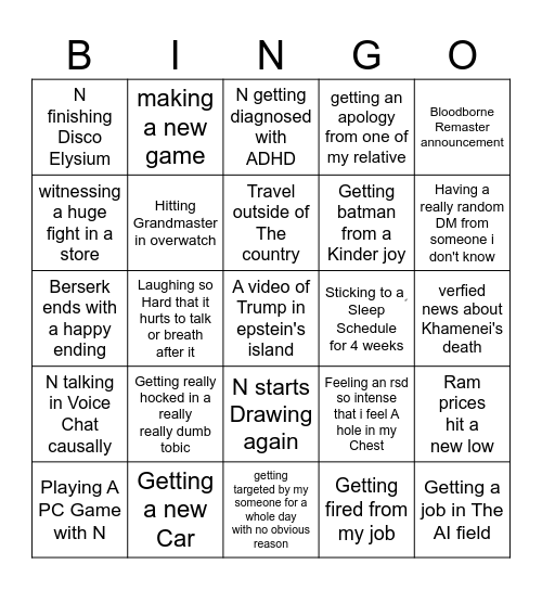 M's 2026 Bingo card Bingo Card