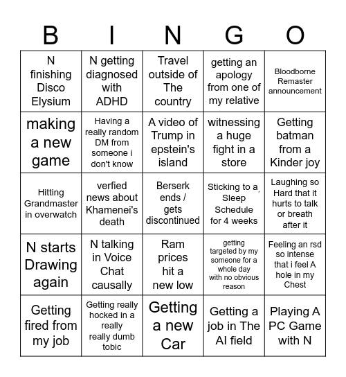 M's 2026 Bingo card Bingo Card