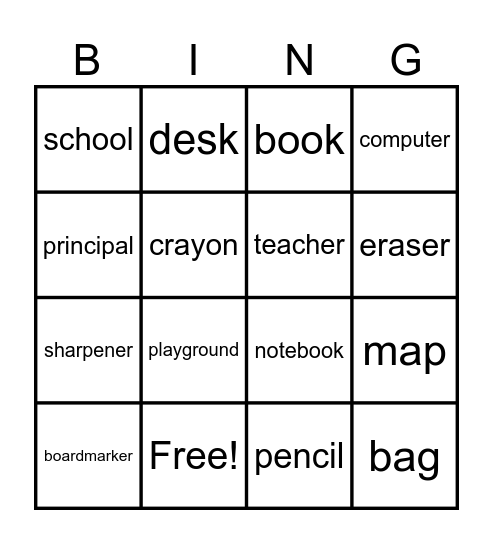 School Supplies Bingo Card