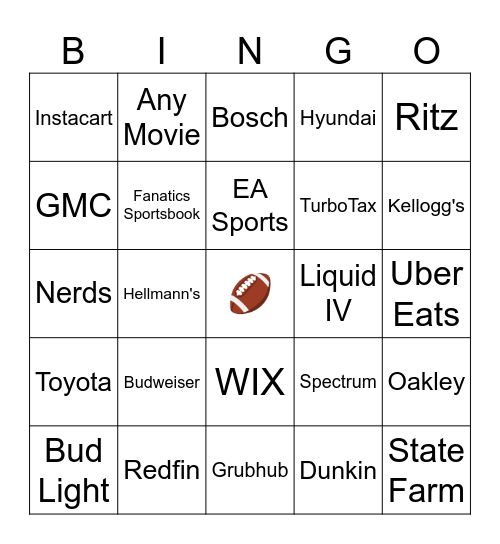 Super Bowl Commercials Bingo Card