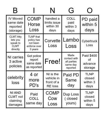 Claims Bingo Card