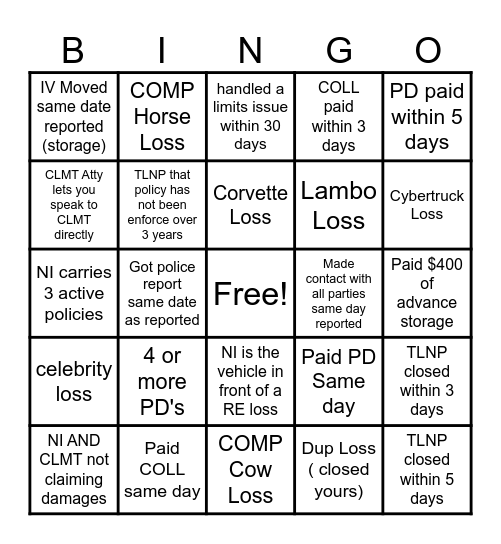 Claims Bingo Card