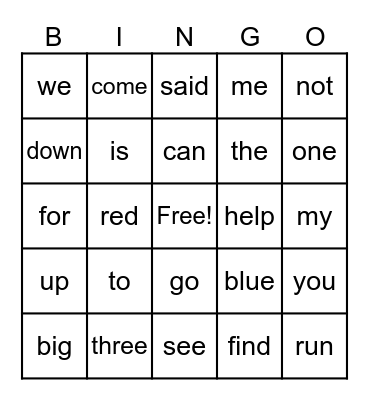 Sight Words Bingo Card