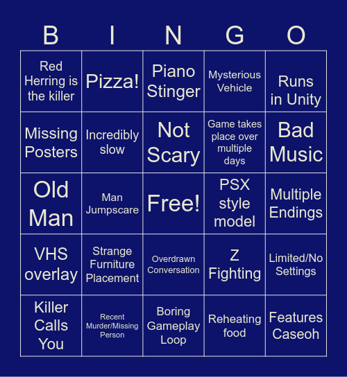 Itch.io Horror Game Bingo Card