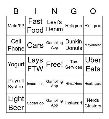 SB LX Commercials Bingo Card
