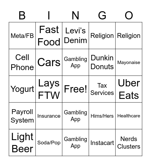 SB LX Commercials Bingo Card