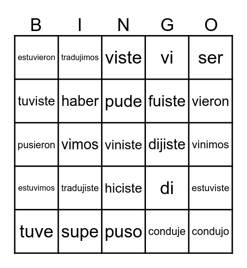 El Pretérito - Verbos Irregulares Bingo Card