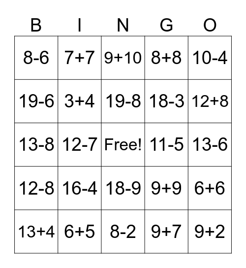 MATH BINGO: group 1 Bingo Card