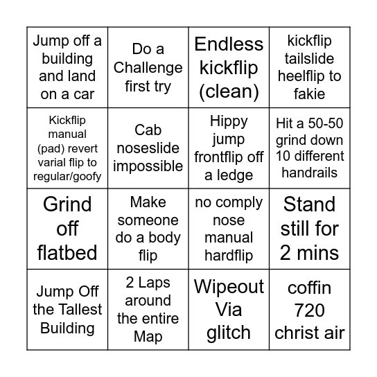 Skate Bingo Card