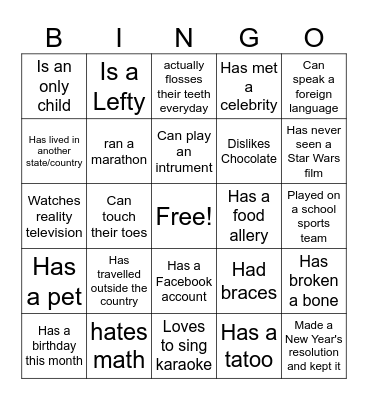 ICE BREAKER BINGO Find someone who... Bingo Card