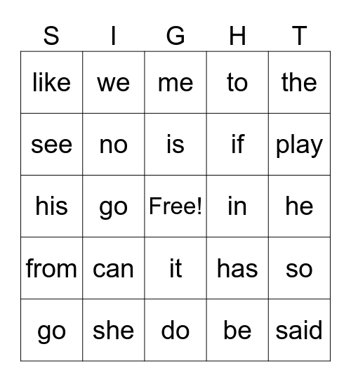 Sight Word 1 Bingo Card