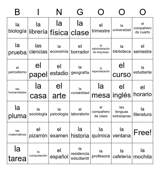 La universidad Bingo Card