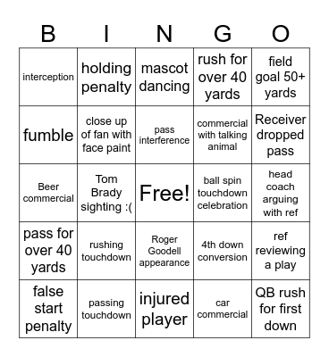 Super Bowl Bingo Card