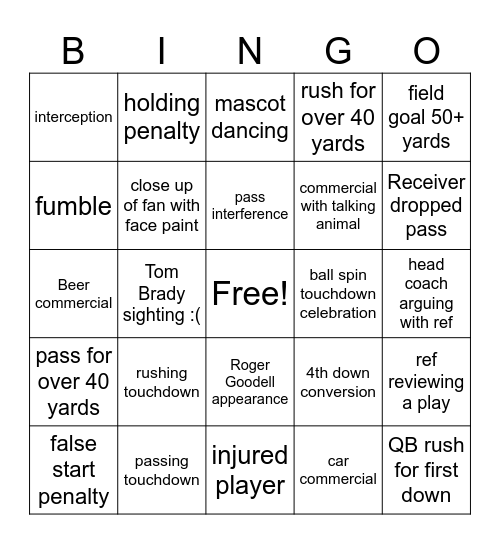 Super Bowl Bingo Card