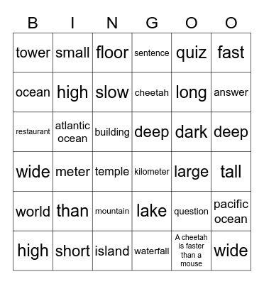 Unit 8: Mountains high, Oceans deep Bingo Card