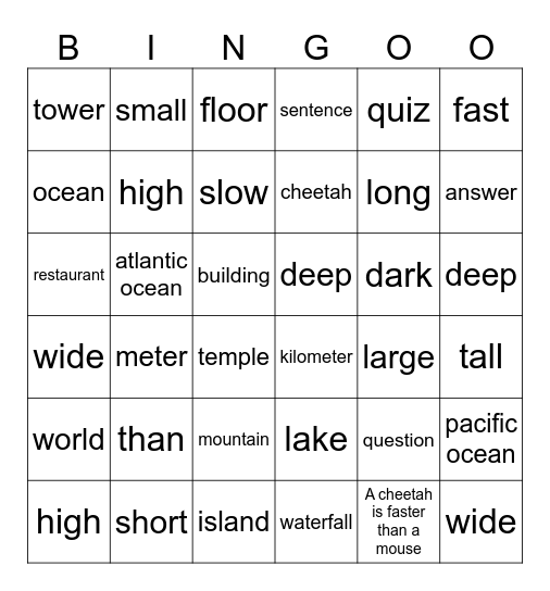 Unit 8: Mountains high, Oceans deep Bingo Card