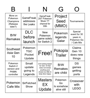 Pokemon Presents Bingo Card