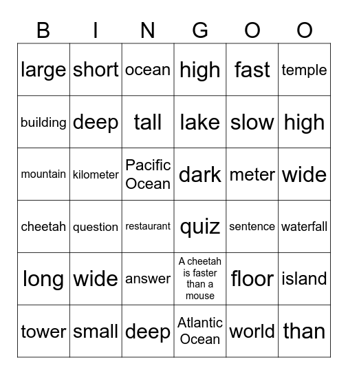 Unit 8: Mountains high, Oceans deep Bingo Card