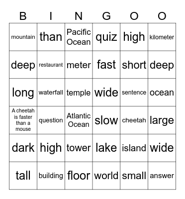 Unit 8: Mountains high, Oceans deep Bingo Card