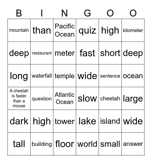 Unit 8: Mountains high, Oceans deep Bingo Card
