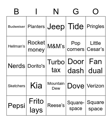 Super Bowl ads Bingo Card