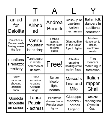 Opening Ceremony 2026 Bingo Card