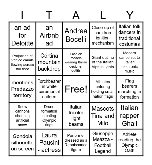 Opening Ceremony 2026 Bingo Card