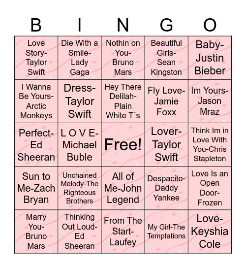 Valentines Music Bingo Card
