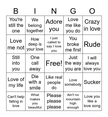 Love Song Bingo Card